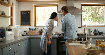 Buy stock photo Couple, cooking and feeding woman in kitchen at house for organic ingredients, meal prep and healthy lunch. People, taste and food recipe for nutrition salad, vegan wellness and bonding for culinary 