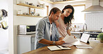 Home, finance and couple with documents, payment for mortgage and rent. Apartment, transactions and man with woman in kitchen, investment growth or paperwork report for savings or planning for budget