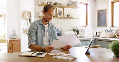 Buy stock photo Documents, tablet and man in kitchen planning for debt, mortgage or tax payments in home. Paperwork, digital technology and male person with credit application, savings or monthly budget in house.
