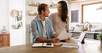 Home, finance and couple with documents, smile and payment for mortgage, rent or invest. Apartment, budget or man with woman in kitchen, embrace or paperwork report for savings, accounting or economy