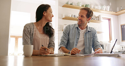 Buy stock photo Financial, paperwork or happy couple in home for writing household budget, savings or taxes together. Tablet, finance or man helping woman with notebook diary, planning or mortgage loan to invest