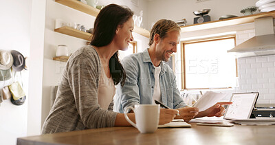 Buy stock photo Home, budget and couple with tablet, smile and payment for mortgage, rent and investment. Apartment, finance and man with woman in kitchen, online shopping and paperwork report for savings or banking