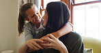 Happy, hugging and mom with kid on sofa in living room together in home with trust. Smile, love and child embracing mama for mothers day with care, safety and security in lounge in apartment.