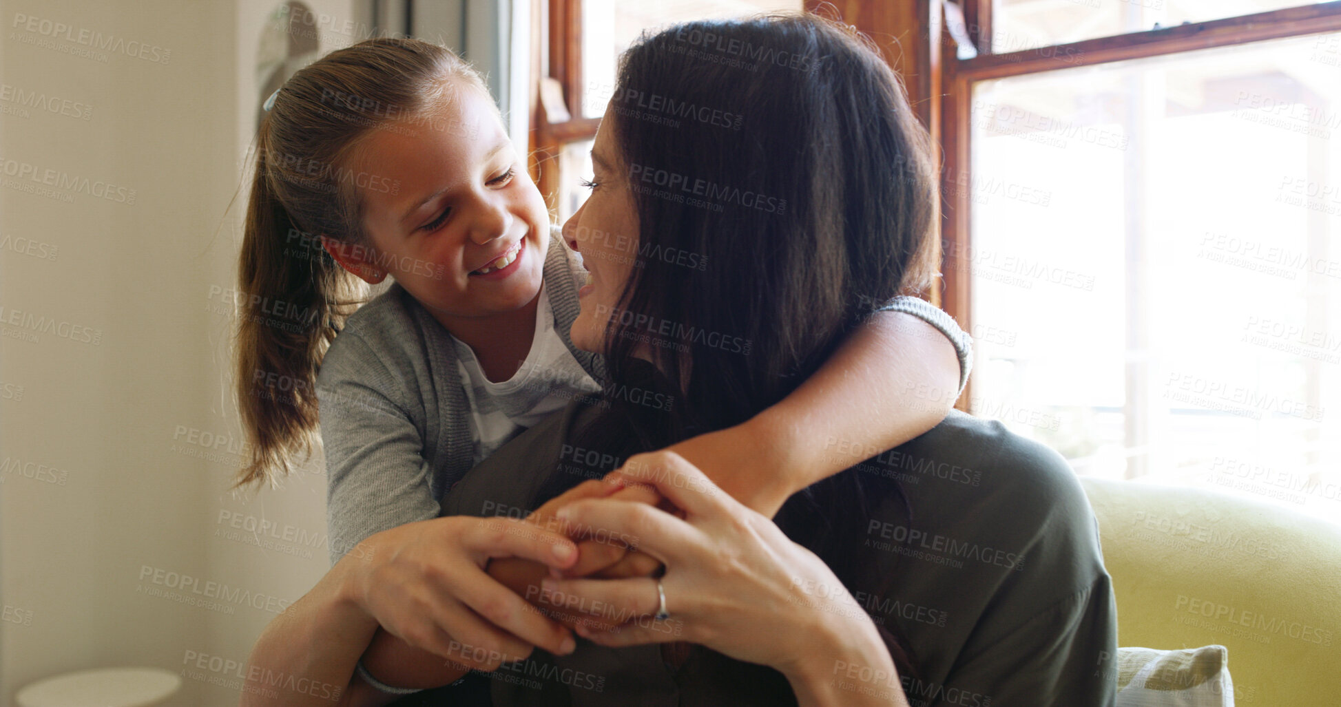 Buy stock photo Happy, hugging and mom with kid on sofa in living room together in home with trust. Smile, love and child embracing mama for mothers day with care, safety and security in lounge in apartment.