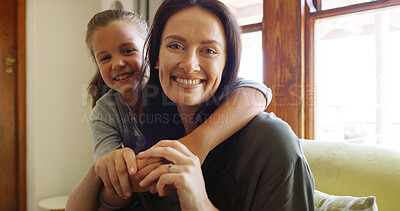 Buy stock photo Smile, hugging and portrait of mom with child on sofa in living room together in home. Happy, love and kid embracing woman for mothers day with care, safety and security in lounge in apartment.