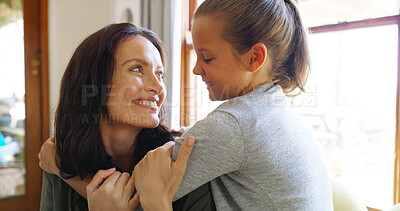 Buy stock photo Happy, hugging and mom with child in home in living room together on sofa with trust. Smile, love and kid embracing mama for mothers day with care, safety and security in lounge in apartment.