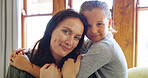 Care, hugging and portrait of mom with child on sofa in living room together in home. Smile, love and kid embracing woman for mothers day with happiness, safety and security in lounge in apartment.