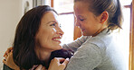 Happy, hugging and mama with child on sofa in living room together in home with trust. Smile, love and kid embracing mom for mothers day with care, safety and security in lounge in apartment.