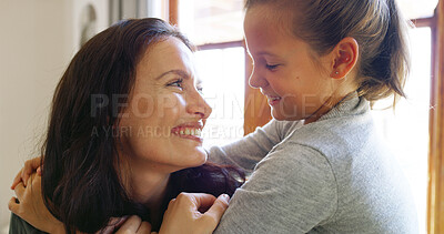 Buy stock photo Happy, hugging and mama with child in living room together in home with trust, relax and family. Smile, love and kid embracing mom for mothers day with care, safety and security in lounge in house.