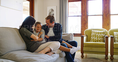 Buy stock photo Happy, love or tickle with parents and child on sofa in living room of home together. Bonding, having fun or laughing with mother, father and daughter in apartment for family, safety or security