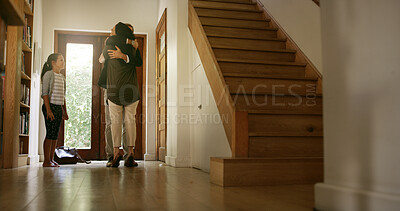 Buy stock photo Hug, man and greeting family by door for welcome home, hello and return from business trip. Child, mother and embrace dad at doorway for reunion, arrival or bonding together with relationship or love