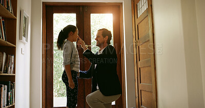 Buy stock photo Goodbye, door or businessman with kid in home for welcome, affection or return from work trip. Playing, parent and dad in house for leaving, farewell and bonding together with girl, care and love