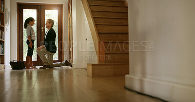 Buy stock photo Goodbye, door or businessman with child in home for welcome, affection or return from work trip. Support, parent and dad in house for leaving, farewell and bonding together with girl, care and love