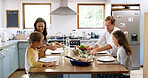 Smile, food and vegetables with family at kitchen table for nutrition, bonding and health salad. Lunch, support and happiness with parents and children eating at home for love, wellness and relax