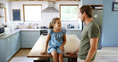 Buy stock photo Child, relax and father talking in kitchen for funny joke, playful lesson and bonding together. Smile, man and kid on counter for discussion, love and morning chat with dad for advice at house