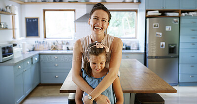 Buy stock photo Mother, laughing and hug child in kitchen for funny joke, playful family and bonding together. Portrait, woman and embrace girl for love, affection and support with care for weekend break at house