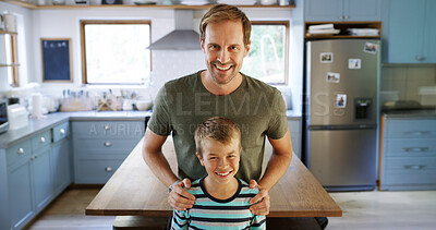 Buy stock photo Portrait, father and child with smile in kitchen for funny joke, playful family and bonding together. Happy, man and boy with love, affection and parent support with care for weekend break at house