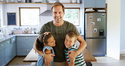 Buy stock photo Father, children and hug in kitchen with portrait for bonding, love and care with happiness together at home. Embrace, security and man with kids, laughing and healthy relationship in family house