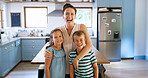 Portrait, mother and laugh with children in kitchen for funny joke, playful family and bonding together. Happy, woman and embrace kids for love, affection and support with care for weekend at house