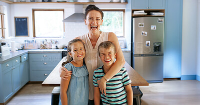 Buy stock photo Portrait, mother and laugh with children in kitchen for funny joke, playful family and bonding together. Happy, woman and embrace kids for love, affection and support with care for weekend at house
