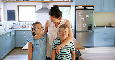Buy stock photo Mother, children and hug in kitchen with happiness for bonding, love and care in portrait together at home. Embrace, security and woman with kids, support and healthy relationship in family house