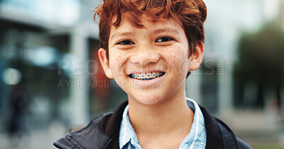 Buy stock photo Outdoor, school and boy with happiness in portrait, education and studying opportunity with smile. Campus, male child and student with confidence for elementary, learning academy and joyful learner