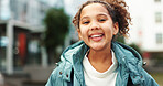 Happy, student and portrait of girl at school outdoors ready for class, lesson and learning with backpack. Smile, youth and kid on campus excited for education, knowledge and child development 