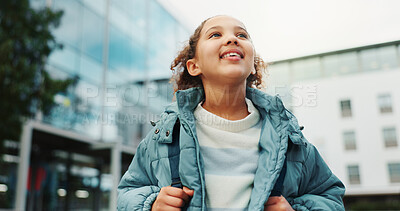 Buy stock photo Happy, student and child at school thinking outdoors ready for class, lesson and learning with backpack. Inspiration, youth and young girl on campus excited for education, knowledge and development 