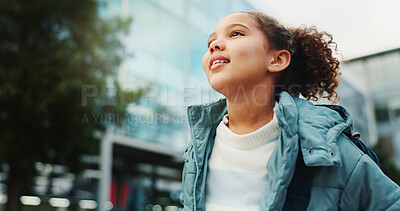 Buy stock photo Outdoor, student and child at school thinking ready for class, lesson and learning with backpack. Inspiration, youth and girl on campus for future education, knowledge and development at academy
