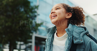 Buy stock photo Happy, outdoor and child at school thinking or ready for class, lesson and learning with backpack. Inspiration, youth and young girl on campus excited for future education, knowledge and development 