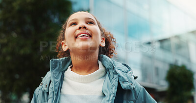 Buy stock photo Happy, student and girl at school outdoor ready for class, lesson and learning with backpack. Thinking, youth and kid on campus with inspiration for education, knowledge and child development 