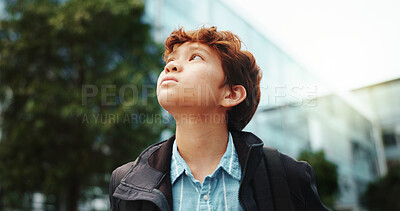 Buy stock photo Outdoor, school and student with thinking for child, education and studying opportunity for class. Campus, ideas and boy with thoughts for elementary, learning academy and contemplating learner