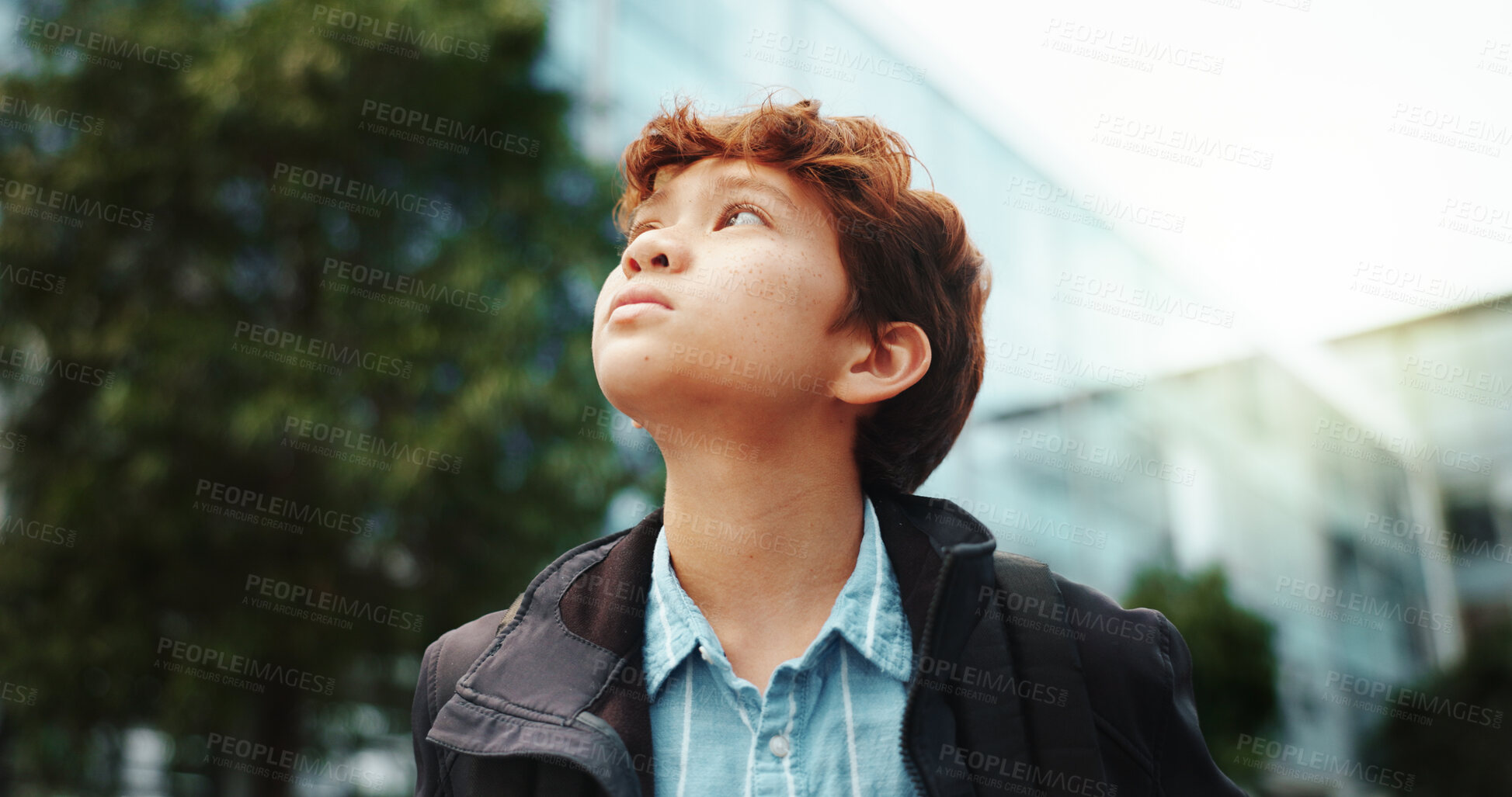 Buy stock photo Outdoor, school and student with thinking for child, education and studying opportunity for class. Campus, ideas and boy with thoughts for elementary, learning academy and contemplating learner