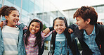 School kids, hug and group in portrait, happy and outdoor in city for solidarity, connection or together. Children, friends and excited for embrace, education and learning with scholarship at academy
