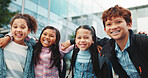 School kids, hug and group in portrait, smile and outdoor in city for solidarity, connection or together. Children, friends and excited for embrace, education and learning with scholarship at academy