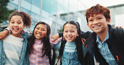 Buy stock photo School kids, hug and group in portrait, smile and outdoor in city for solidarity, connection or together. Children, friends and excited for embrace, education and learning with scholarship at academy