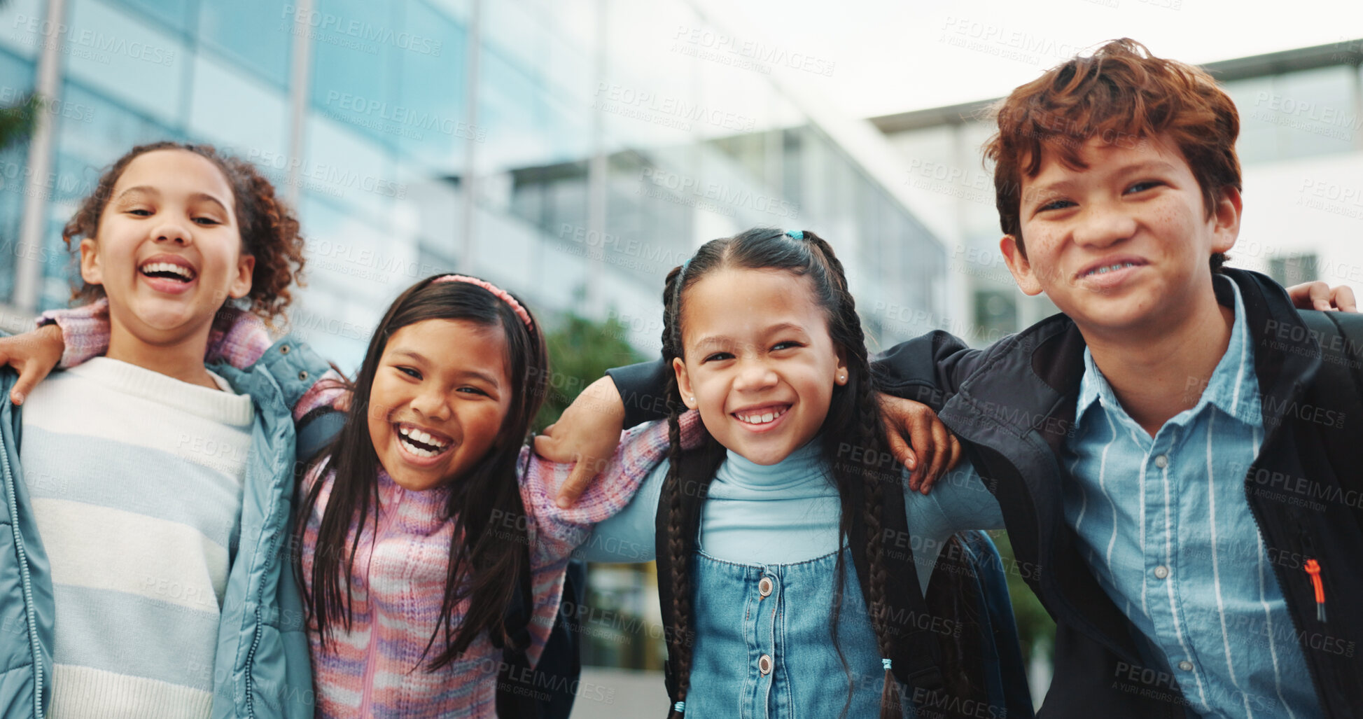 Buy stock photo School kids, hug and friends in portrait, happy and outdoor in city for solidarity, connection or together. Children, group and excited for embrace, education and learning with scholarship at academy