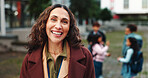 Happy, playground and portrait of teacher at school with kids for education, learning and lesson. Educator, academy and woman with children for development, teaching or youth empowerment on campus