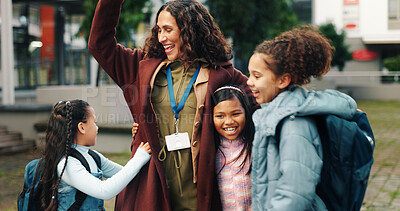 Buy stock photo School kids, hug and smile with teacher, outdoor and reunion in city for solidarity, connection and playful. Children, group and woman with embrace, education and welcome for scholarship at academy