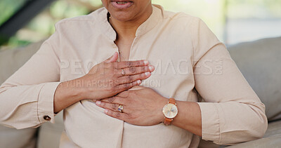 Buy stock photo Senior person, hands or chest pain with heart attack on sofa for warning, artery pressure or medical emergency. Cardiovascular, woman or anxiety with cardiac arrest or hypertension in retirement home