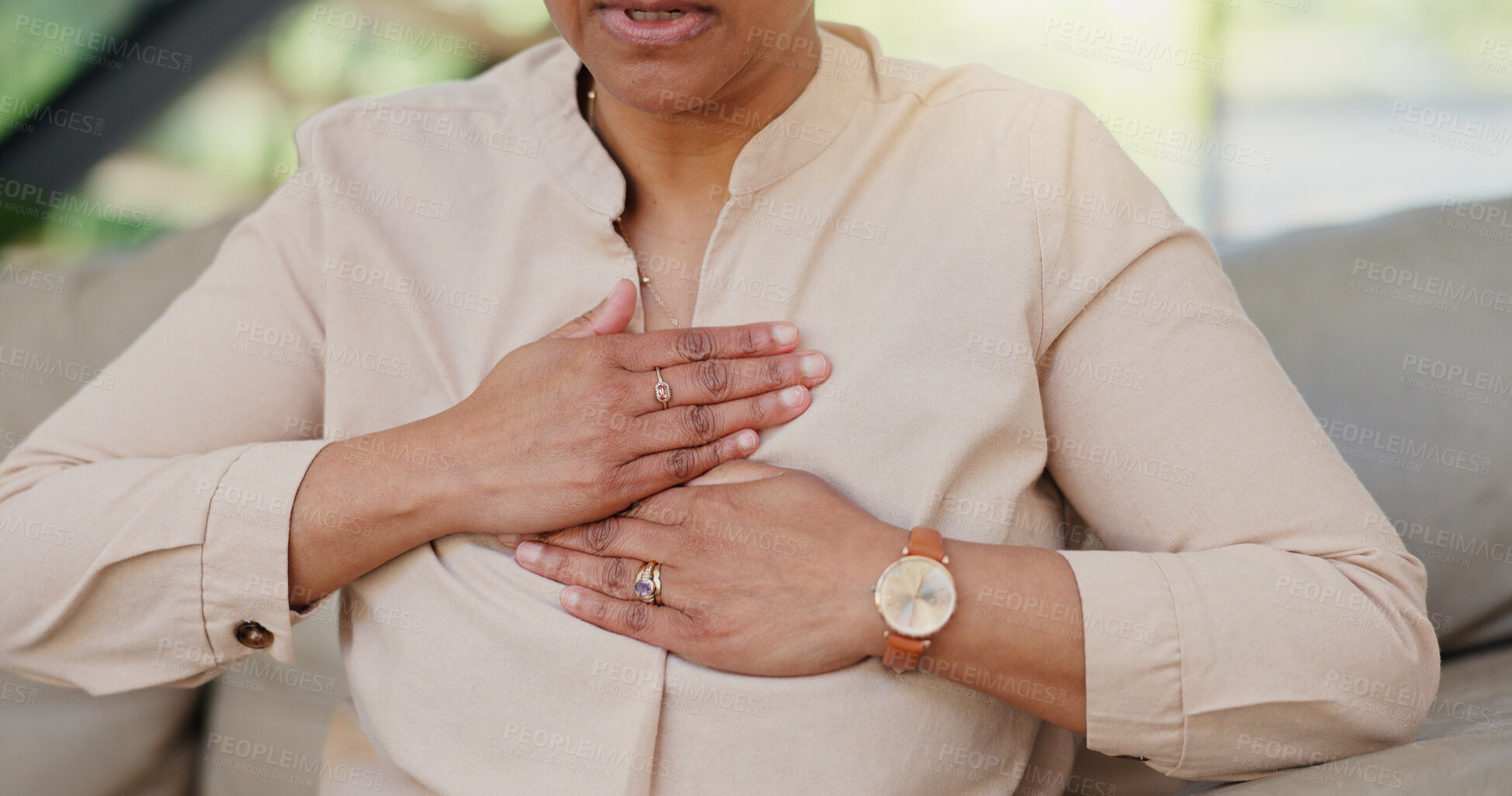 Buy stock photo Senior person, hands or chest pain with heart attack on sofa for warning, artery pressure or medical emergency. Cardiovascular, woman or anxiety with cardiac arrest or hypertension in retirement home
