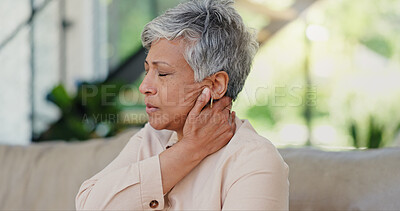 Buy stock photo Senior, woman and stress with neck pain in home with muscle tension, poor posture or discomfort. Elderly person, medical injury or joint ache on sofa with arthritis, nerve damage or retirement strain