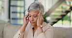 Burnout, headache and senior woman in home with worrying, overthinking or mental health. Stress, mistake and elderly female person with migraine in living room for regret, vertigo or brain fog.