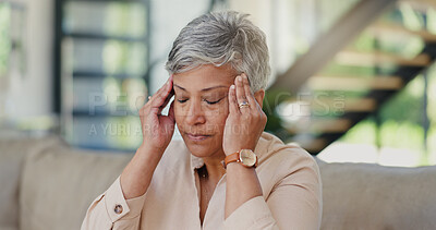 Buy stock photo Burnout, headache and senior woman in home with worrying, overthinking or mental health. Stress, mistake and elderly female person with migraine in living room for regret, vertigo or brain fog.