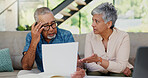 Stress, documents and senior couple on sofa in discussion for debt, mortgage or bills repayment. Argument, upset and elderly man with woman for conversation on retirement funds with paperwork in home