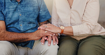 Buy stock photo Empathy, hands and support with couple on sofa in living room of home for bonding or romance closeup. Love, respect and trust with people in apartment together for gratitude, kindness or relationship