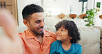 Selfie, dad and smile for child, home and bonding with son in lounge, love and picture for memory. Fatherhood, man and happy with kid in living room, photography and care for boy in house or relax
