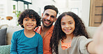 Selfie, dad and smile for children, portrait and bonding with kids in lounge, love and picture for memory. Photography, daughter and son with man in living room, care or happy for fatherhood in house