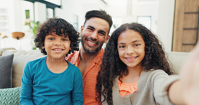 Buy stock photo Selfie, dad and smile for children, portrait and bonding with kids in lounge, love and picture for memory. Photography, daughter and son with man in living room, care or happy for fatherhood in house