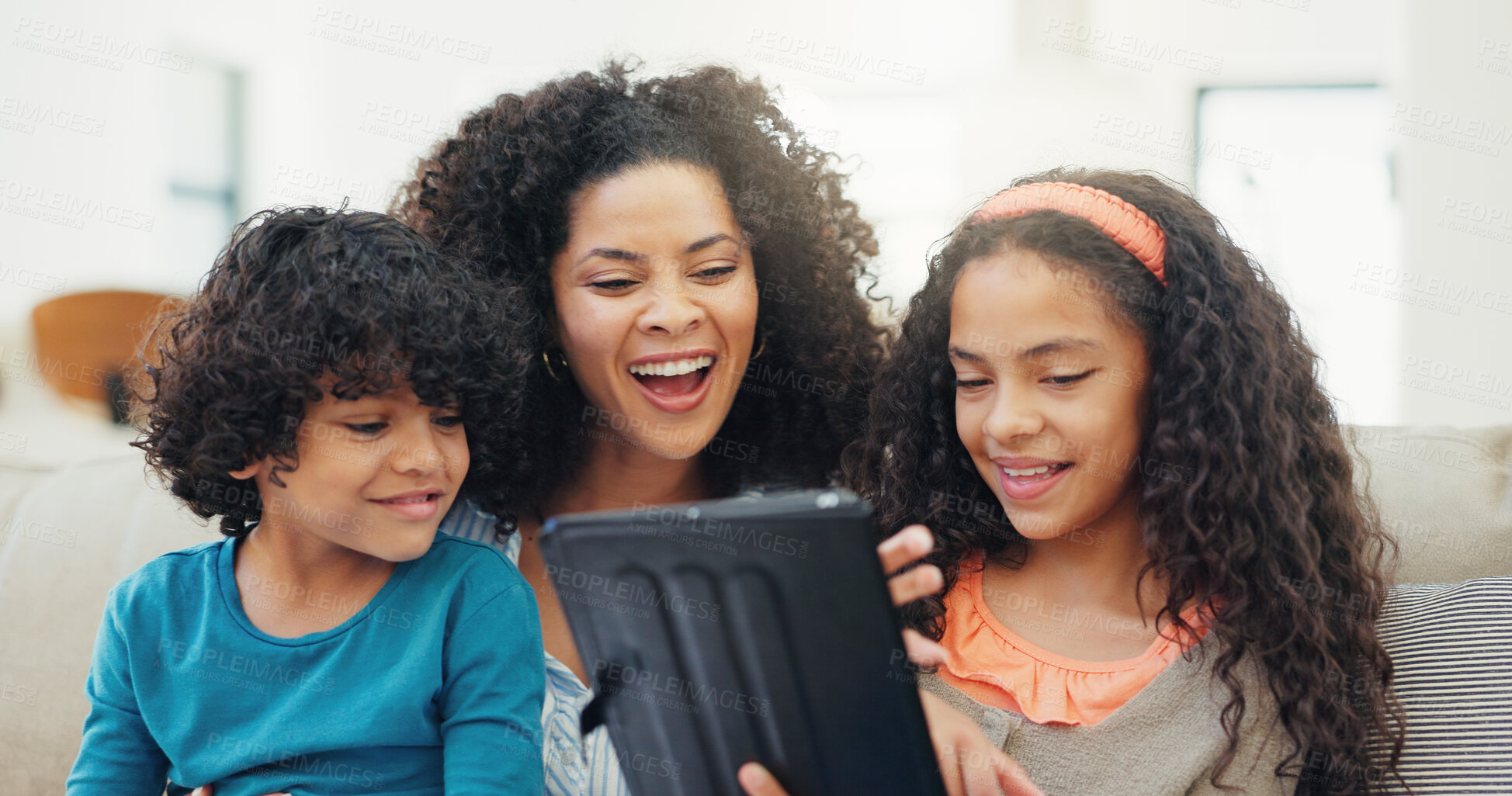 Buy stock photo Sofa, mother and children with tablet for laugh, streaming online and bonding together on weekend. Family home, boy and mom with girl for digital games, cartoon website and happy on couch in lounge